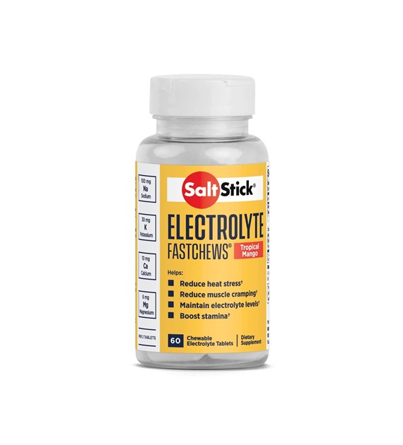 SaltStick Electrylote FastChews Tropical Mango pastylki do żucia z elektrolitami o smaku mango butelka 60 szt.