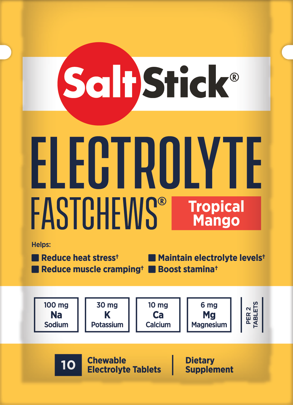 SaltStick Electrylote FastChews Tropical Mango pastylki do żucia z elektrolitami o smaku mango saszetka 10 szt.