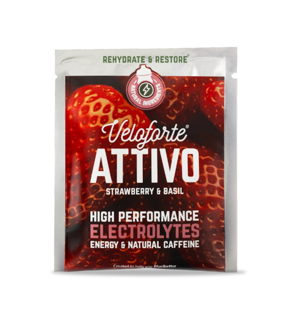 Veloforte Attivo - napój węglowodanowy w proszku z elektrolitami i kofeiną (truskawka-bazylia) 27,5 g